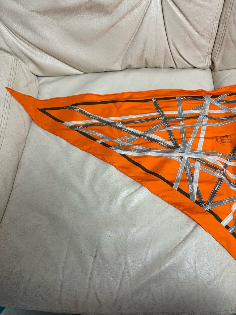 VTG HERMES Bolduc Triangle Silk Scarf Orange Brown White Gray Ribbon - Picture 2 of 15